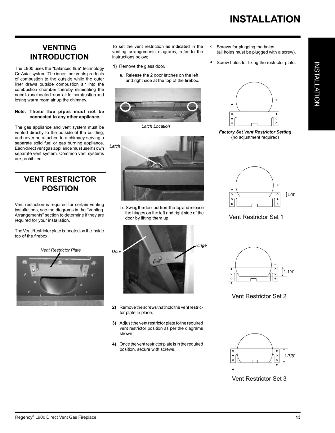 Regency L900-NG, L900-LP Venting Introduction, Vent Restrictor Position, Latch Location, Vent Restrictor Plate, Hinge Door 