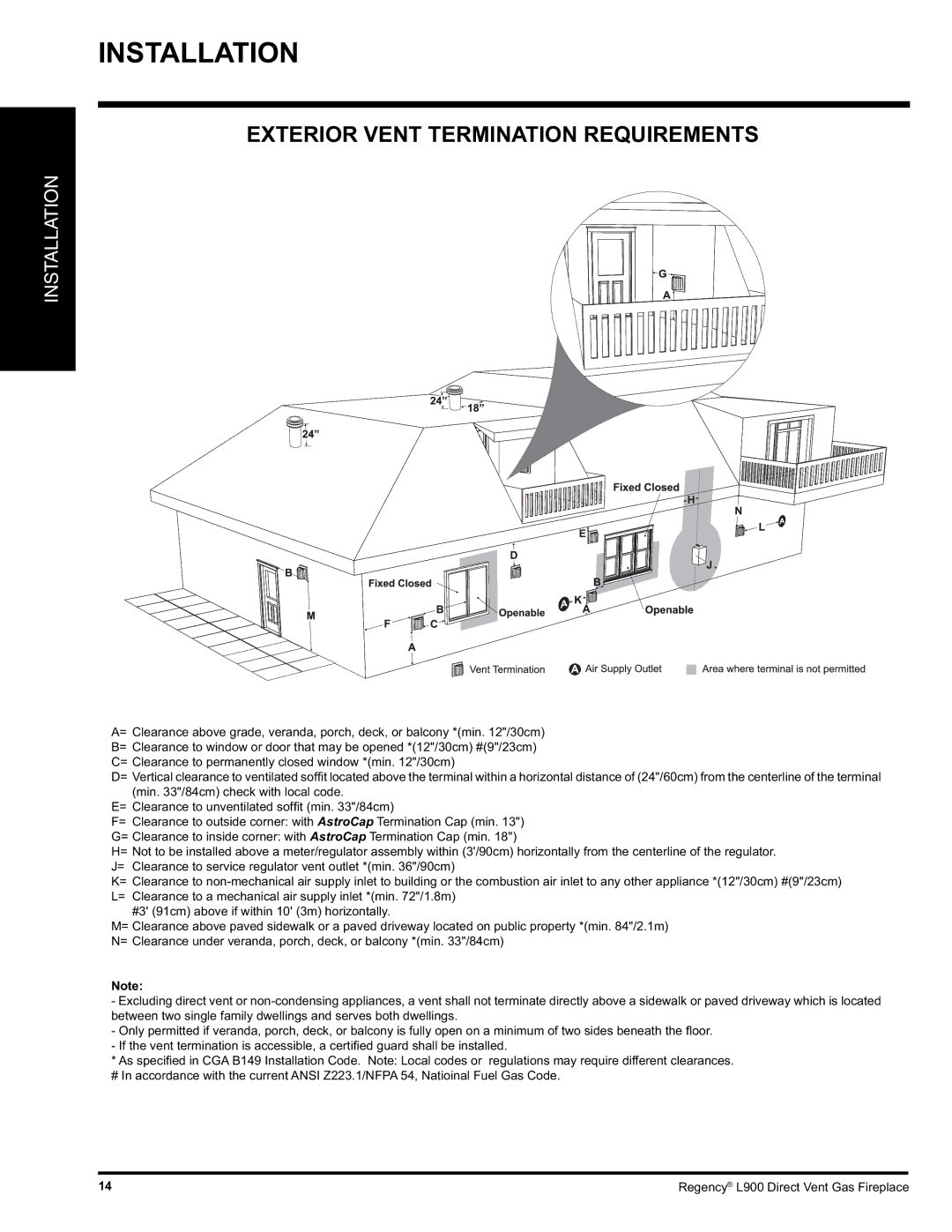 Regency L900-LP, L900-NG Exterior Vent Termination Requirements, = Clearance to permanently closed window *min /30cm 