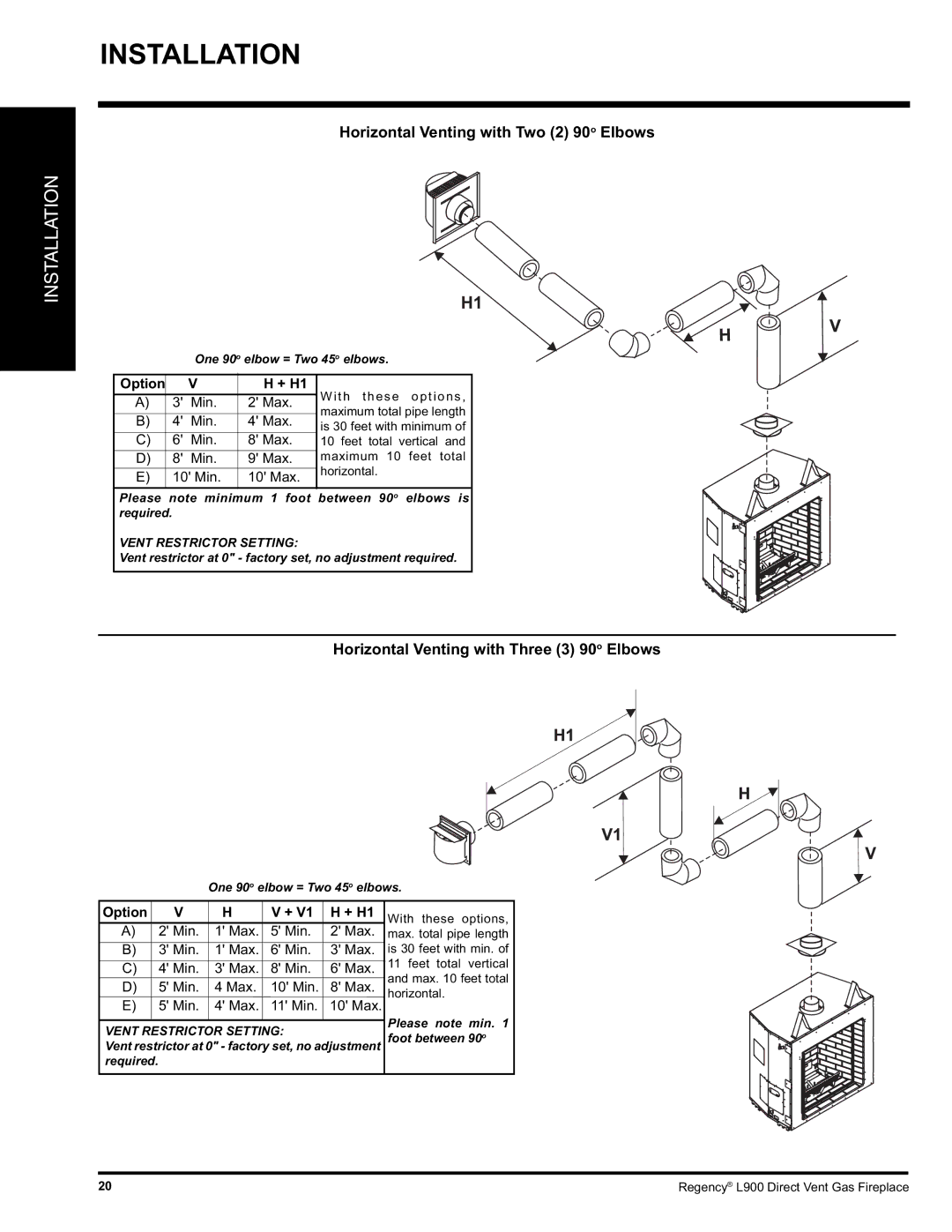 Regency L900-LP, L900-NG installation manual Horizontal Venting with Two 2 90o Elbows 