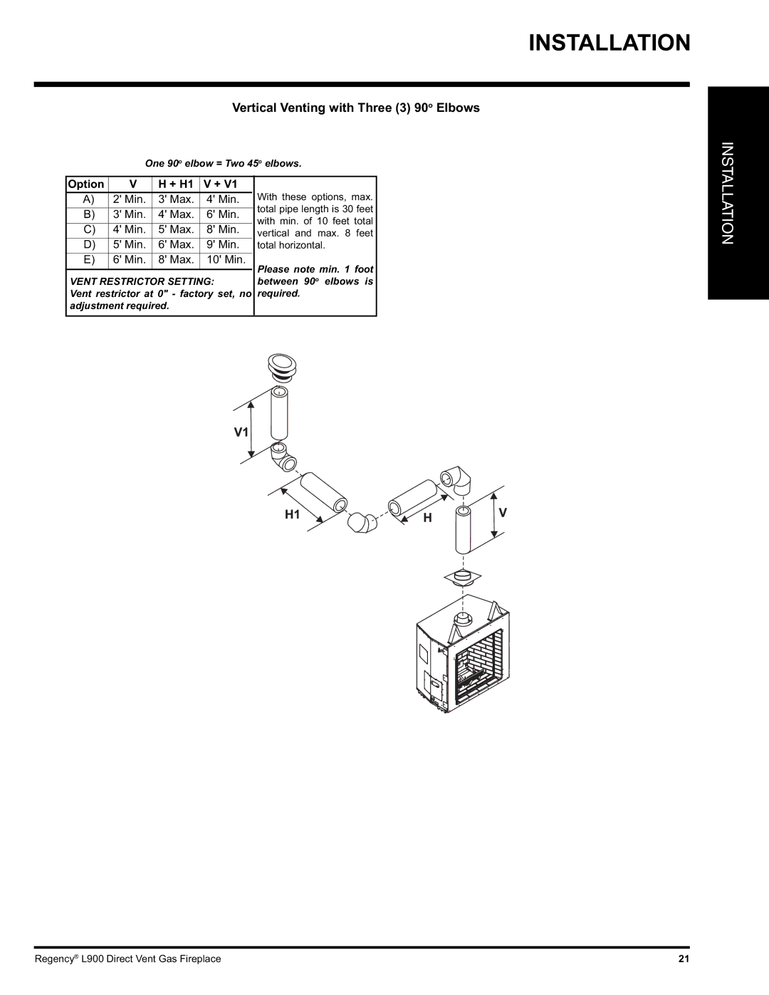 Regency L900-NG, L900-LP installation manual Vertical Venting with Three 3 90o Elbows 