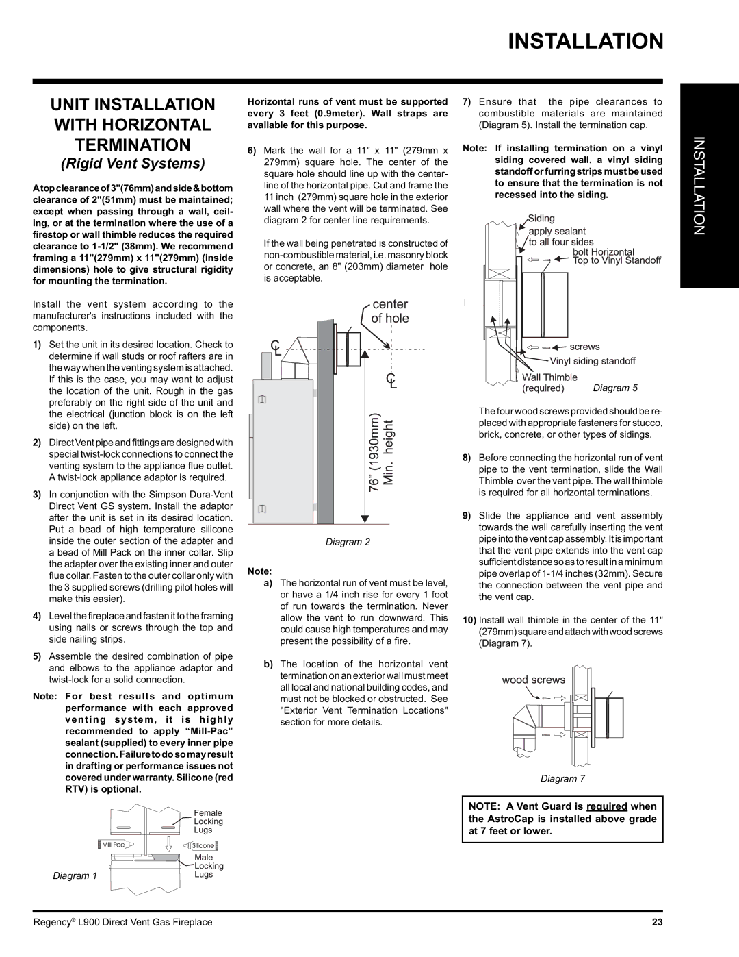 Regency L900-NG, L900-LP installation manual Unit Installation with Horizontal Termination 