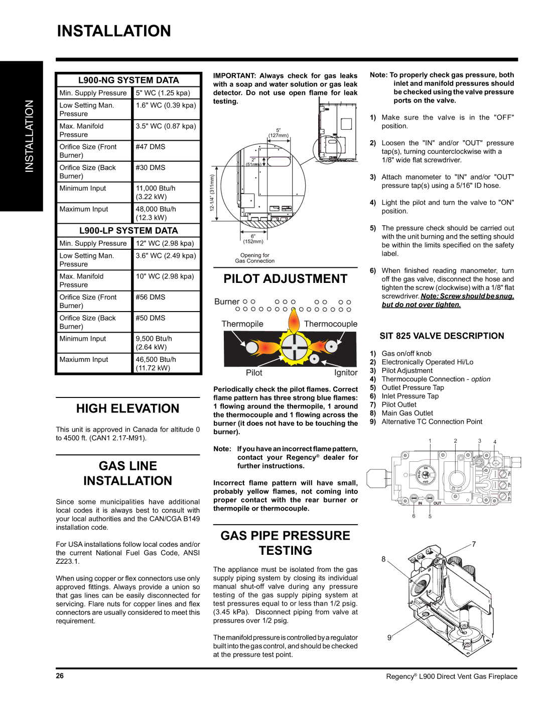 Regency installation manual GAS Line, L900-NG System Data, L900-LP System Data, SIT 825 Valve Description 