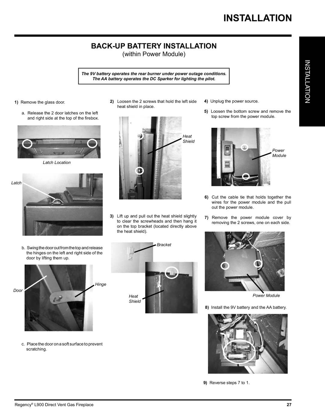 Regency L900-NG BACK-UP Battery Installation, Heat Shield Latch Location, Bracket, Hinge Door Heat Shield Power Module 