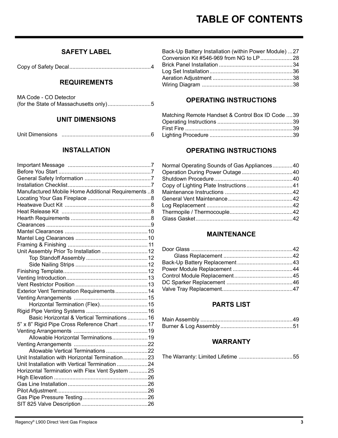 Regency L900-NG, L900-LP installation manual Table of Contents 