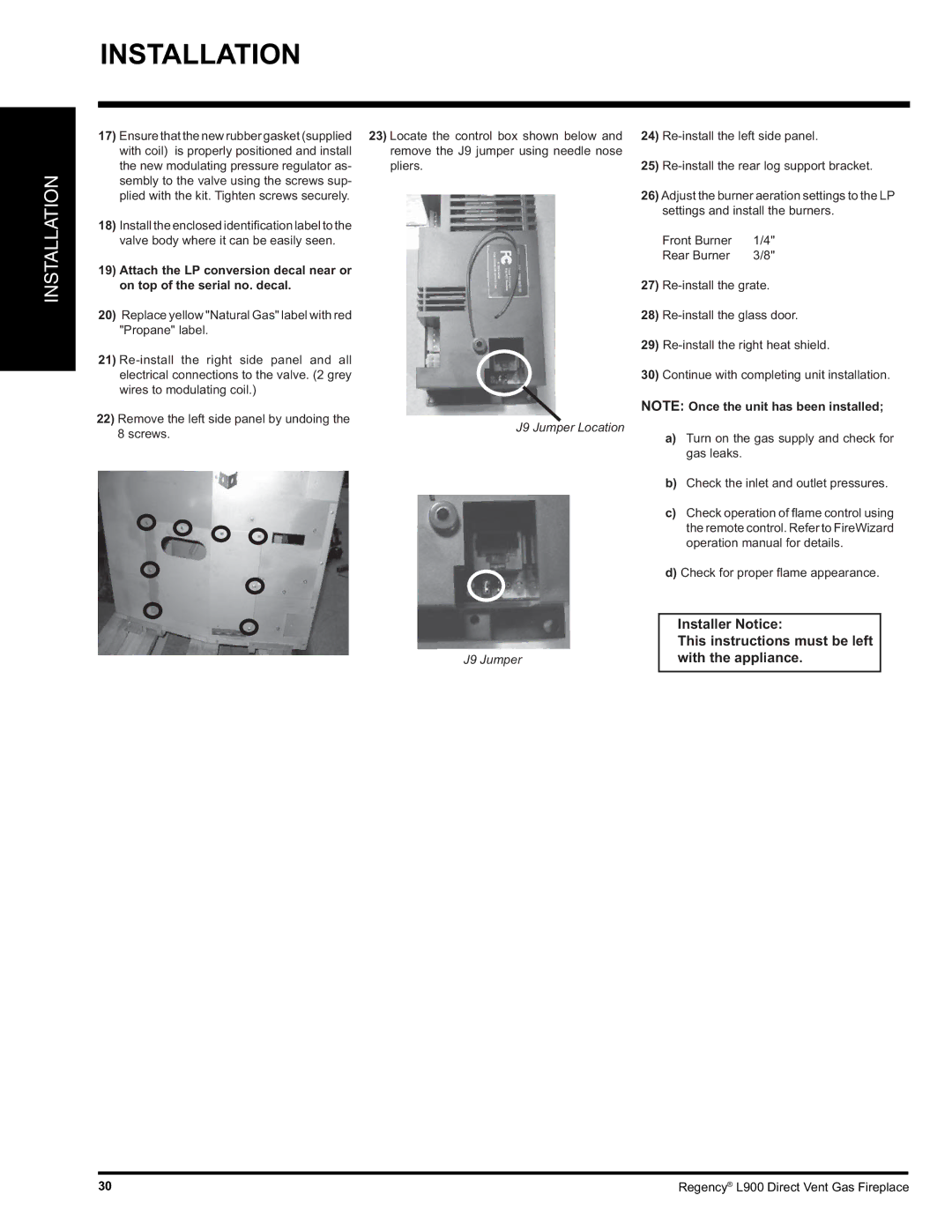 Regency L900-LP, L900-NG installation manual J9 Jumper Location 