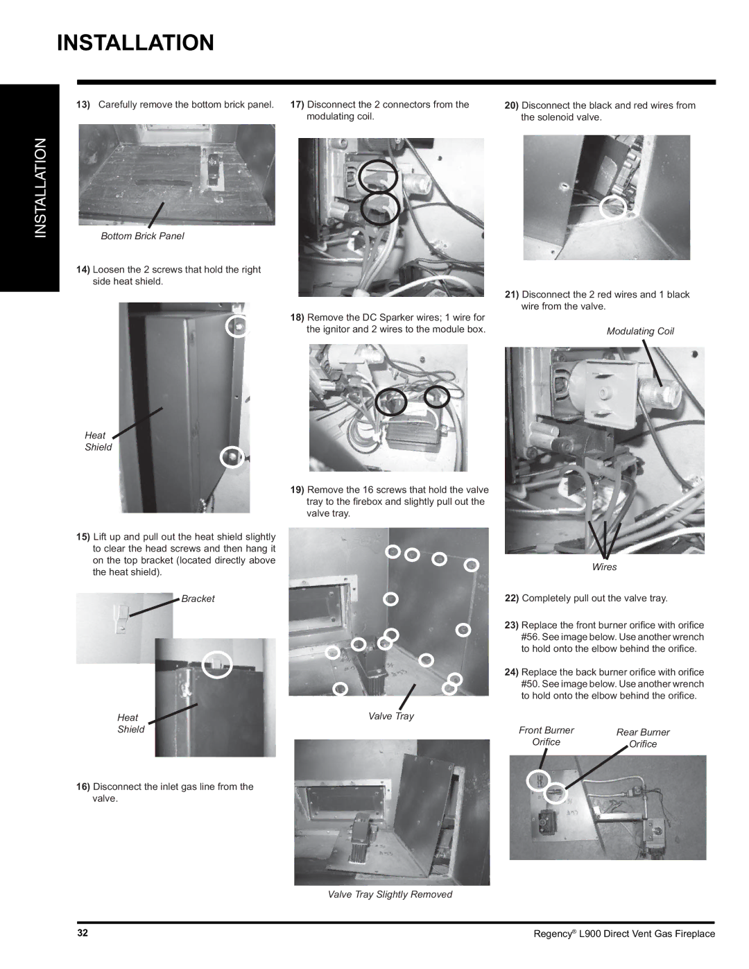 Regency L900-LP, L900-NG installation manual Bottom Brick Panel, Modulating Coil Wires, Valve Tray Slightly Removed 