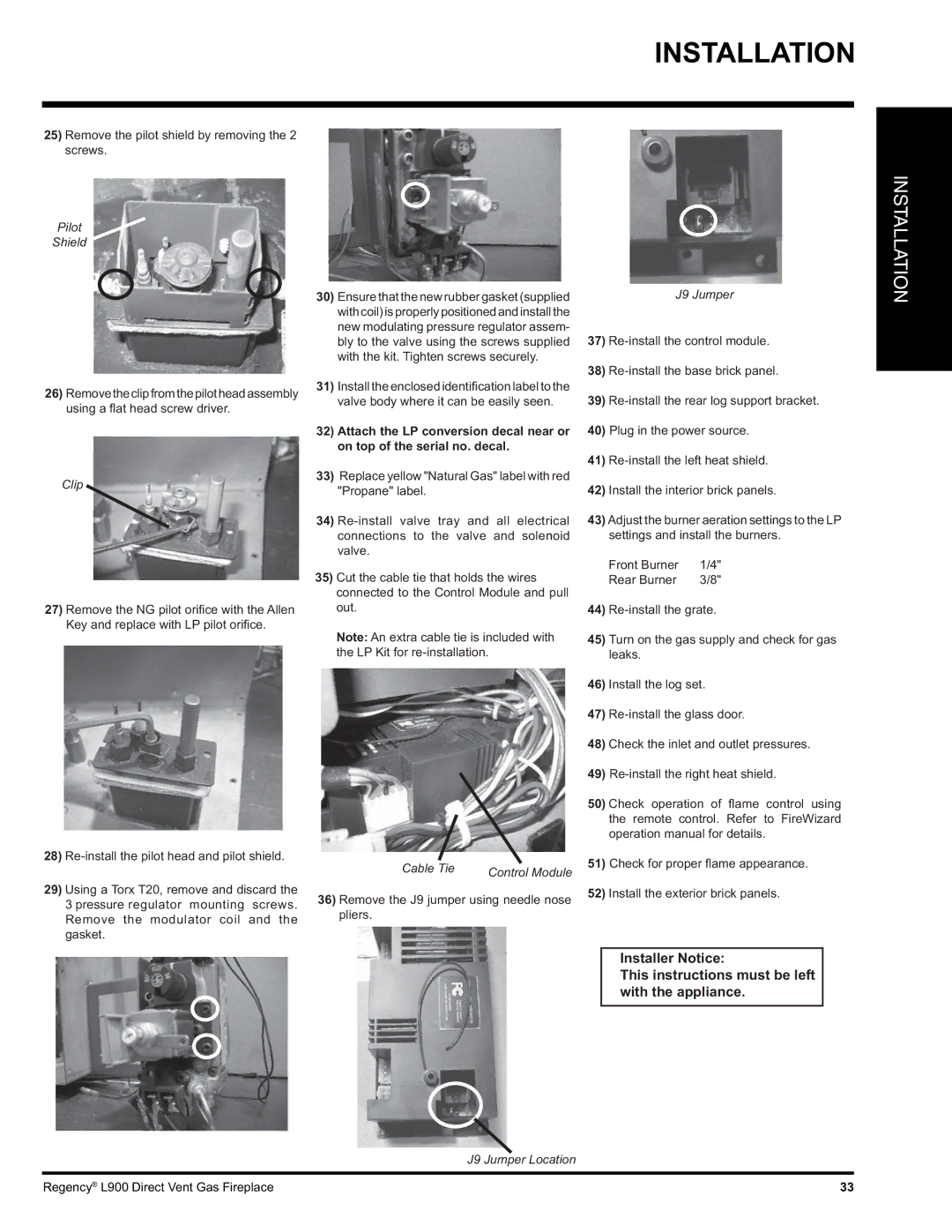 Regency L900-NG, L900-LP installation manual Pilot Shield, Clip, Cable Tie, J9 Jumper 