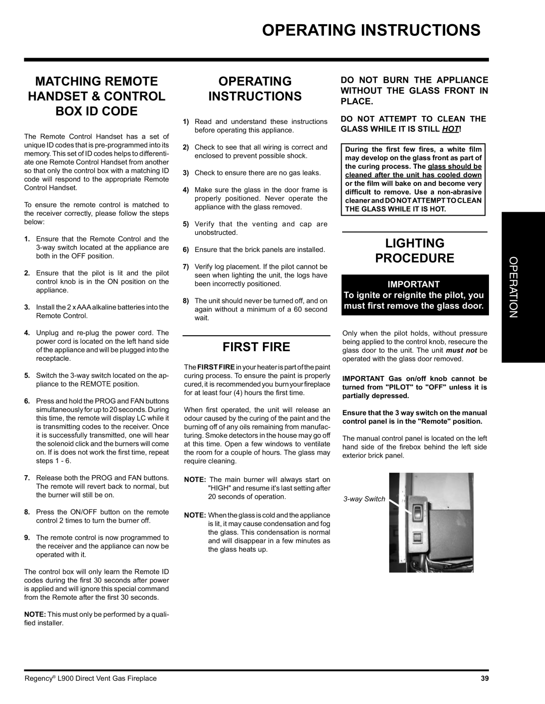 Regency L900-NG Operating Instructions, Matching Remote Handset & Control BOX ID Code, First Fire, Lighting Procedure 