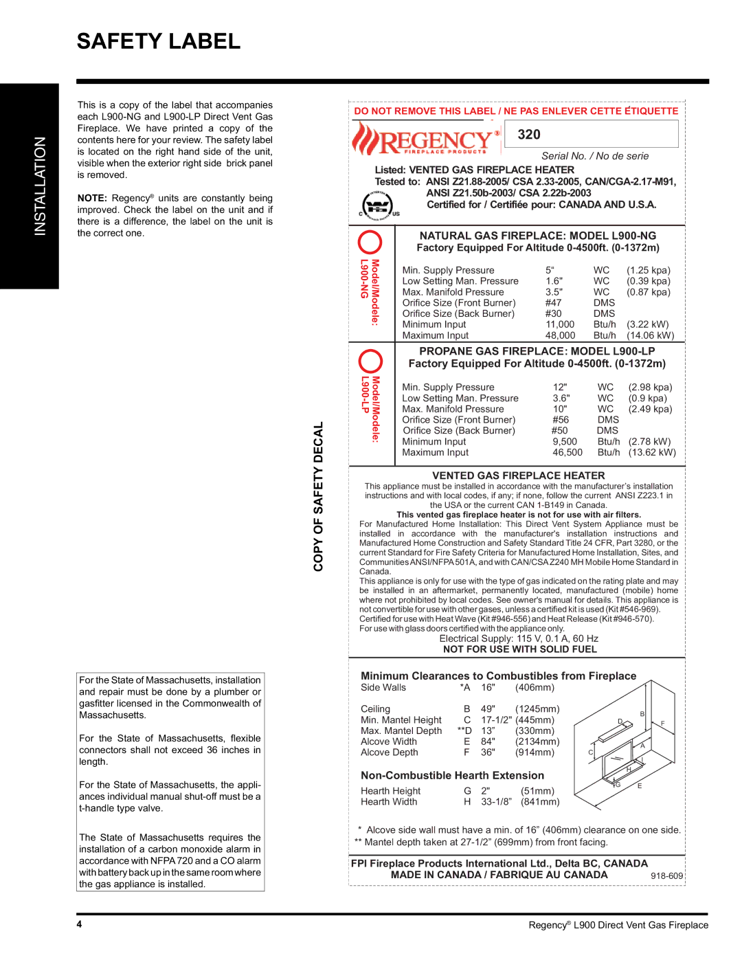 Regency L900-LP, L900-NG installation manual Safety Label, Copy of Safety Decal, Listed Vented GAS Fireplace Heater 