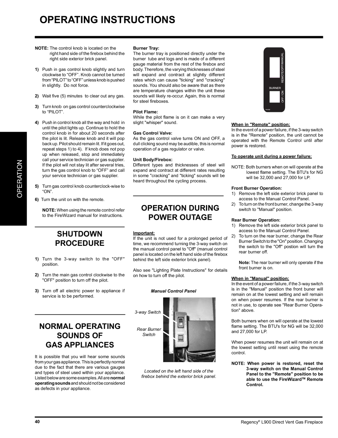 Regency L900-LP, L900-NG Shutdown Procedure, Normal Operating Sounds GAS Appliances, Operation During Power Outage 