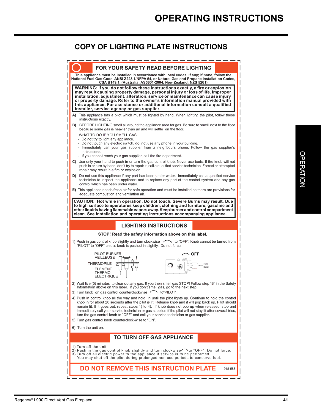 Regency L900-NG, L900-LP Copy of Lighting Plate Instructions, STOP! Read the safety information above on this label 