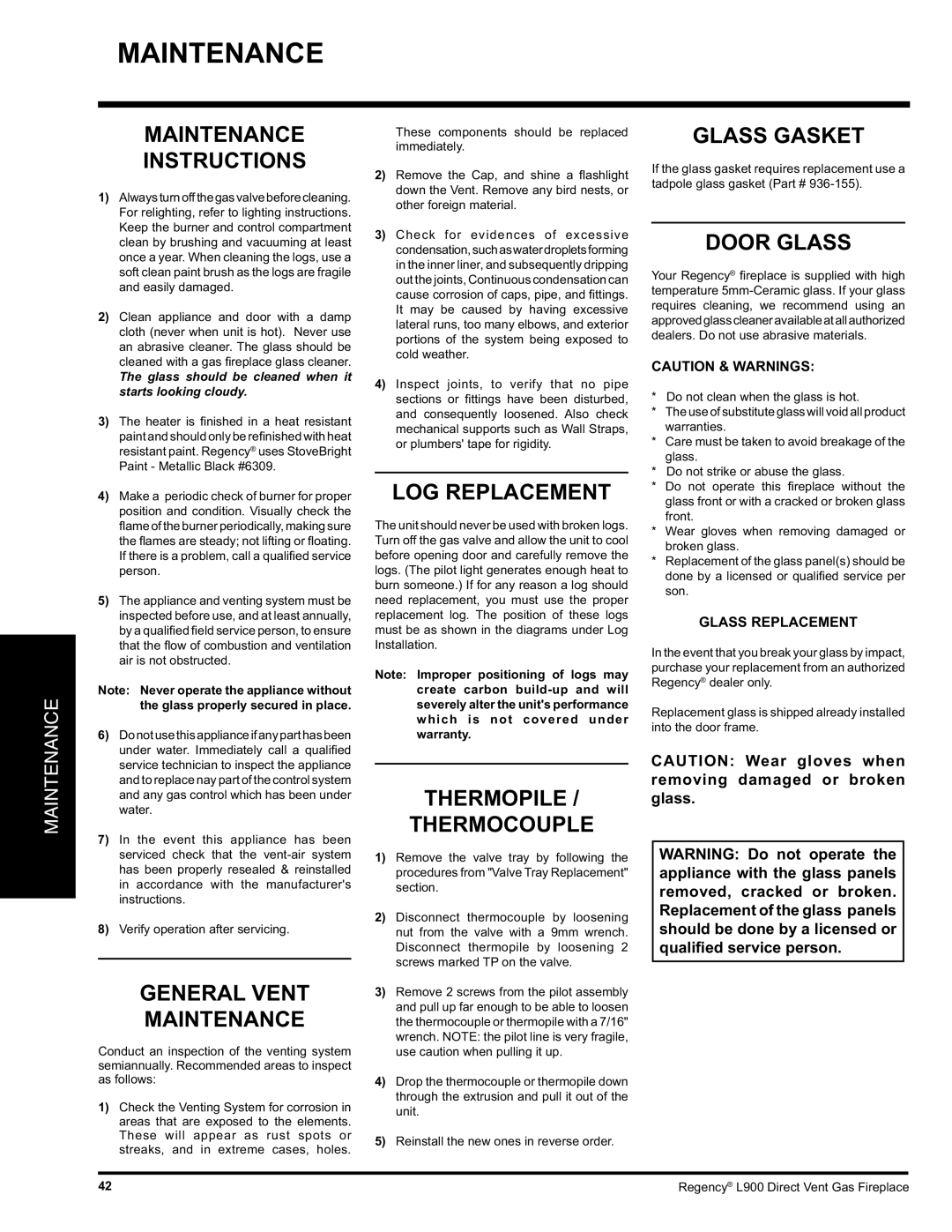 Regency L900-LP, L900-NG installation manual Maintenance 