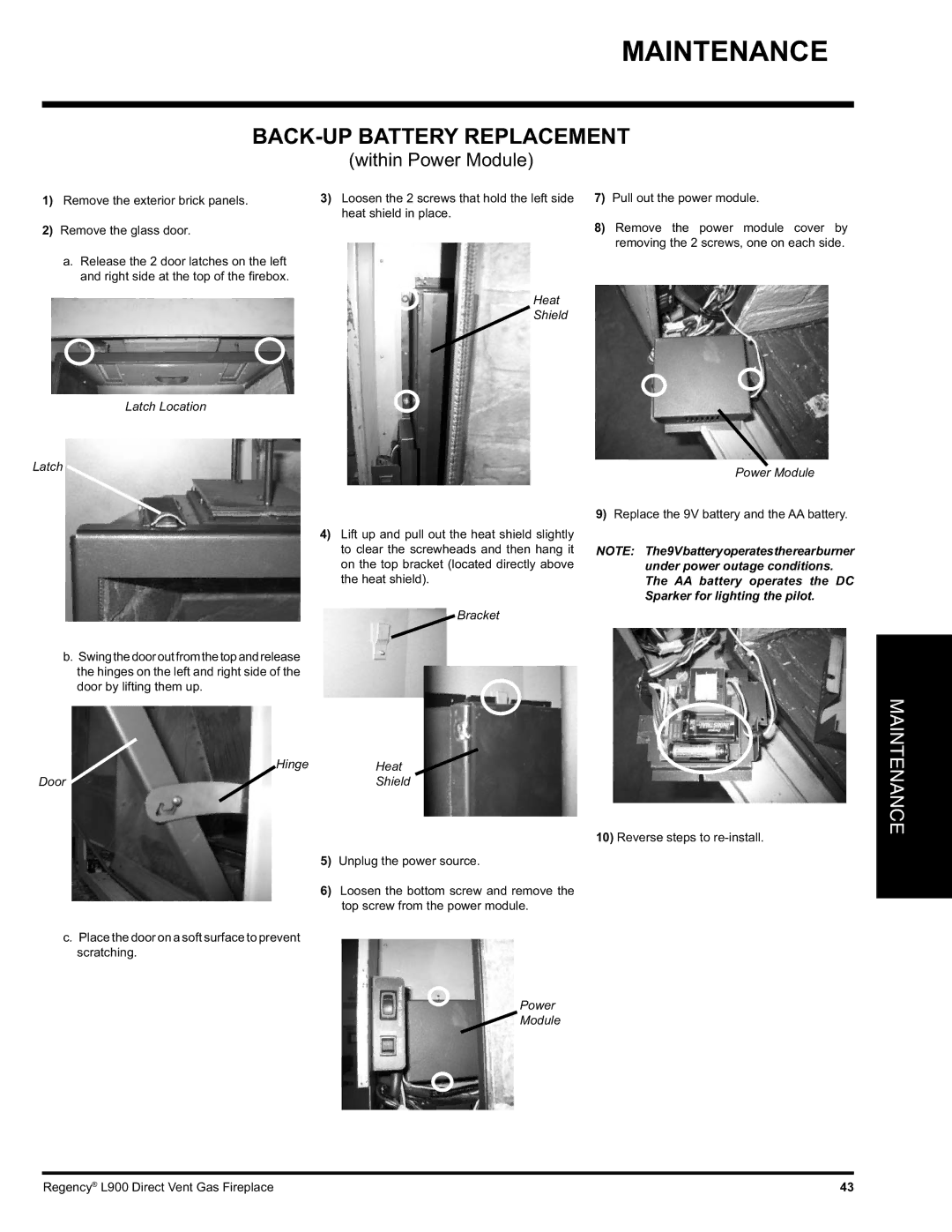 Regency L900-NG, L900-LP installation manual BACK-UP Battery Replacement, Heat Shield, Bracket Hinge Heat Door 