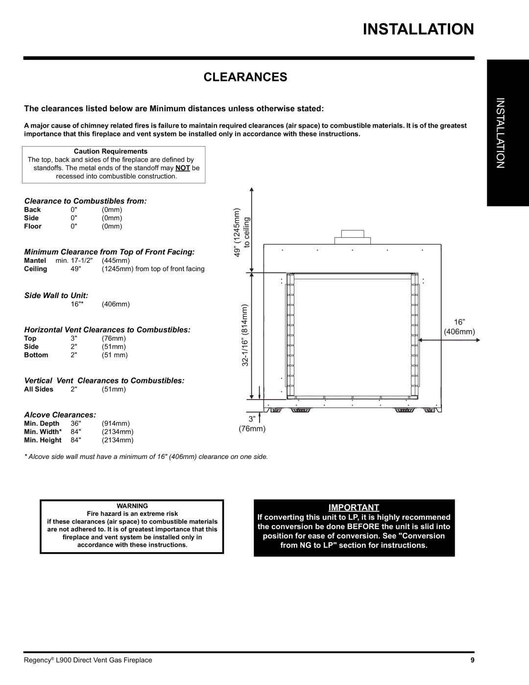 Regency L900-NG, L900-LP installation manual Clearances 