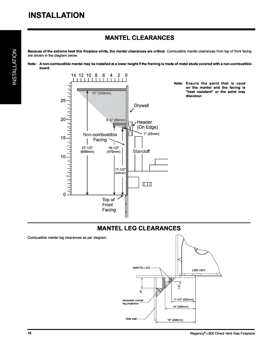 Regency L900-LP, L900-NG installation manual Installation, Mantel Clearances, Mantel Leg Clearances 
