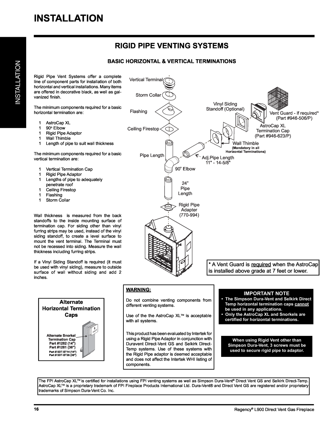 Regency L900-LP, L900-NG installation manual Installation, Rigid Pipe Venting Systems 