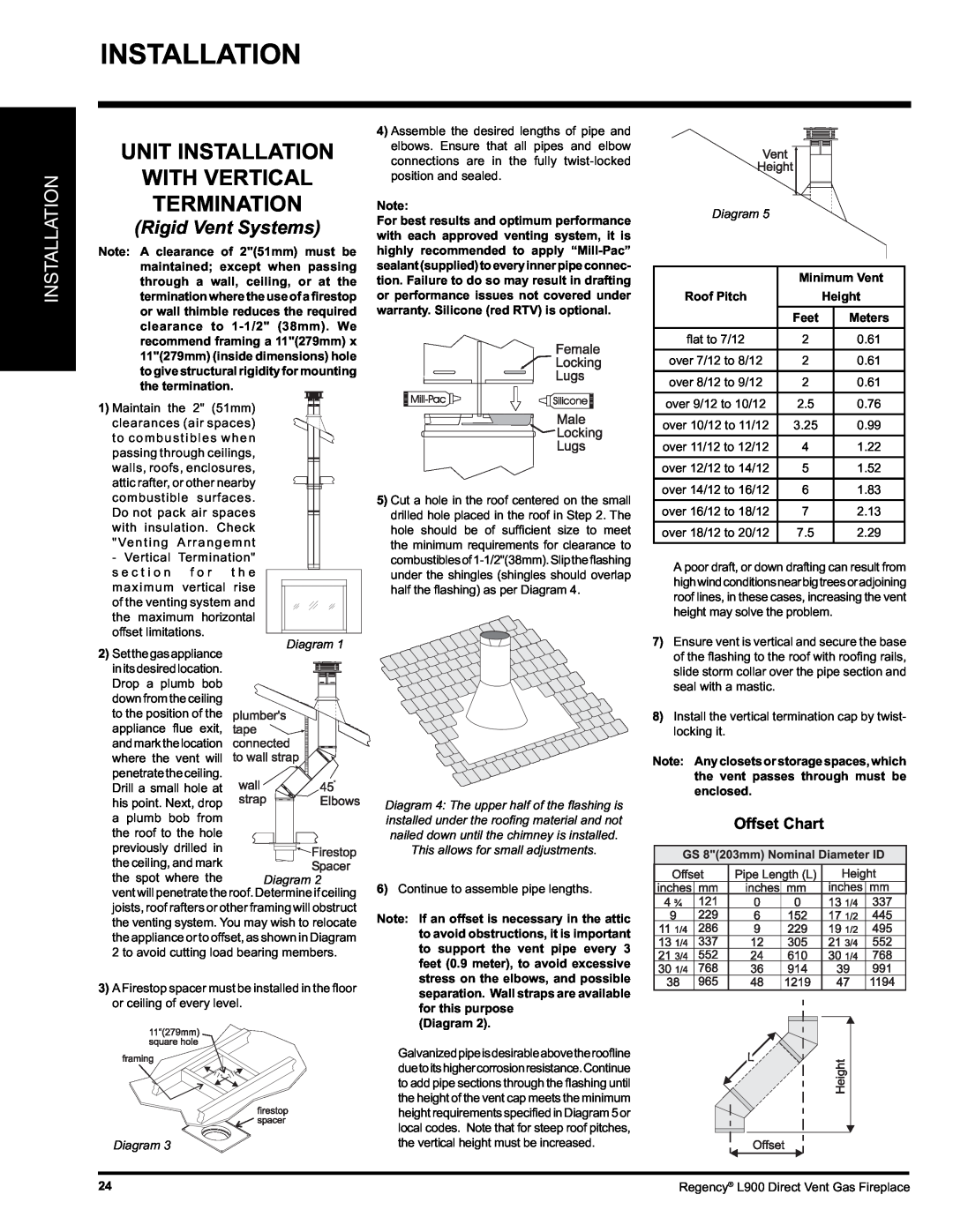 Regency L900-LP, L900-NG installation manual Unit Installation With Vertical Termination, Rigid Vent Systems, Diagram 