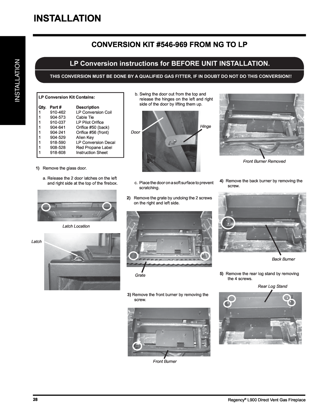 Regency L900-LP Installation, CONVERSION KIT #546-969FROM NG TO LP, LP Conversion Kit Contains, Part #, Description 