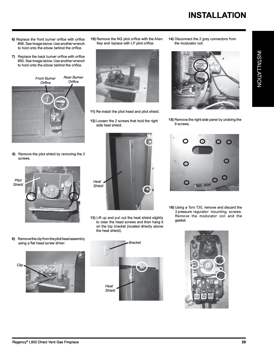 Regency L900-NG, L900-LP installation manual Installation, Pilot Shield, using a ﬂat head screw driver, Clip Heat Shield 