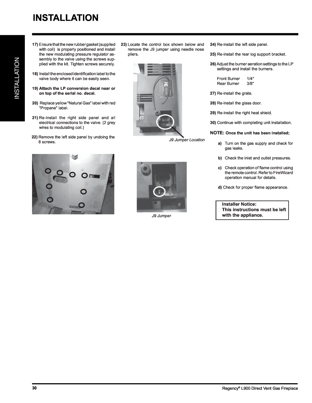 Regency L900-LP, L900-NG Installation, Installer Notice, This instructions must be left with the appliance 