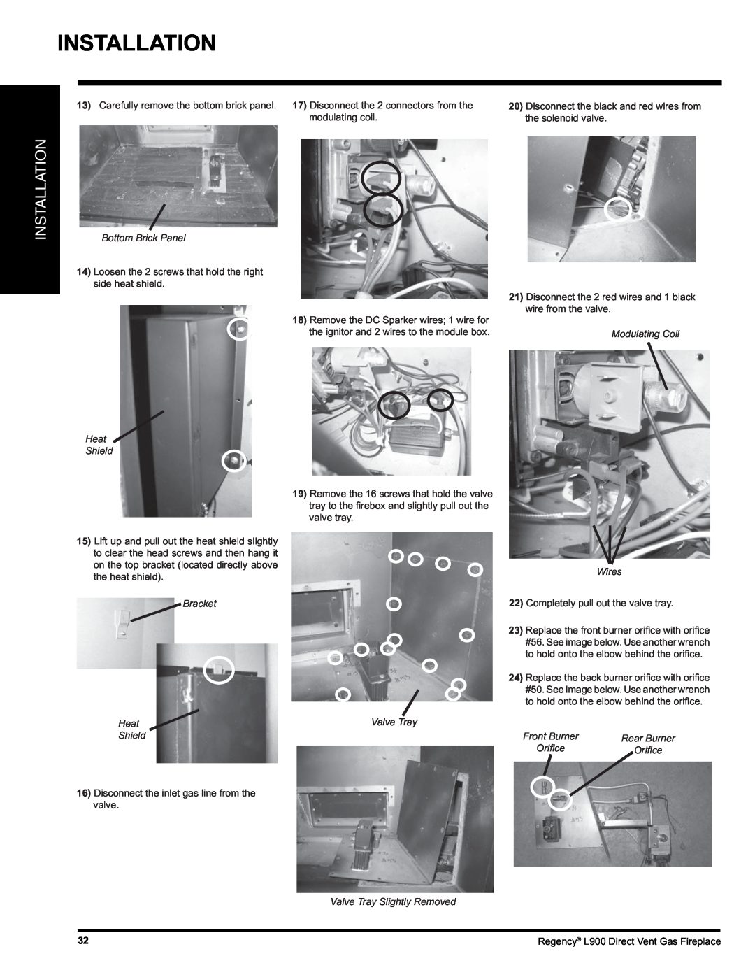 Regency L900-LP, L900-NG Installation, Bottom Brick Panel, Bracket Heat Shield, Valve Tray, Modulating Coil Wires 