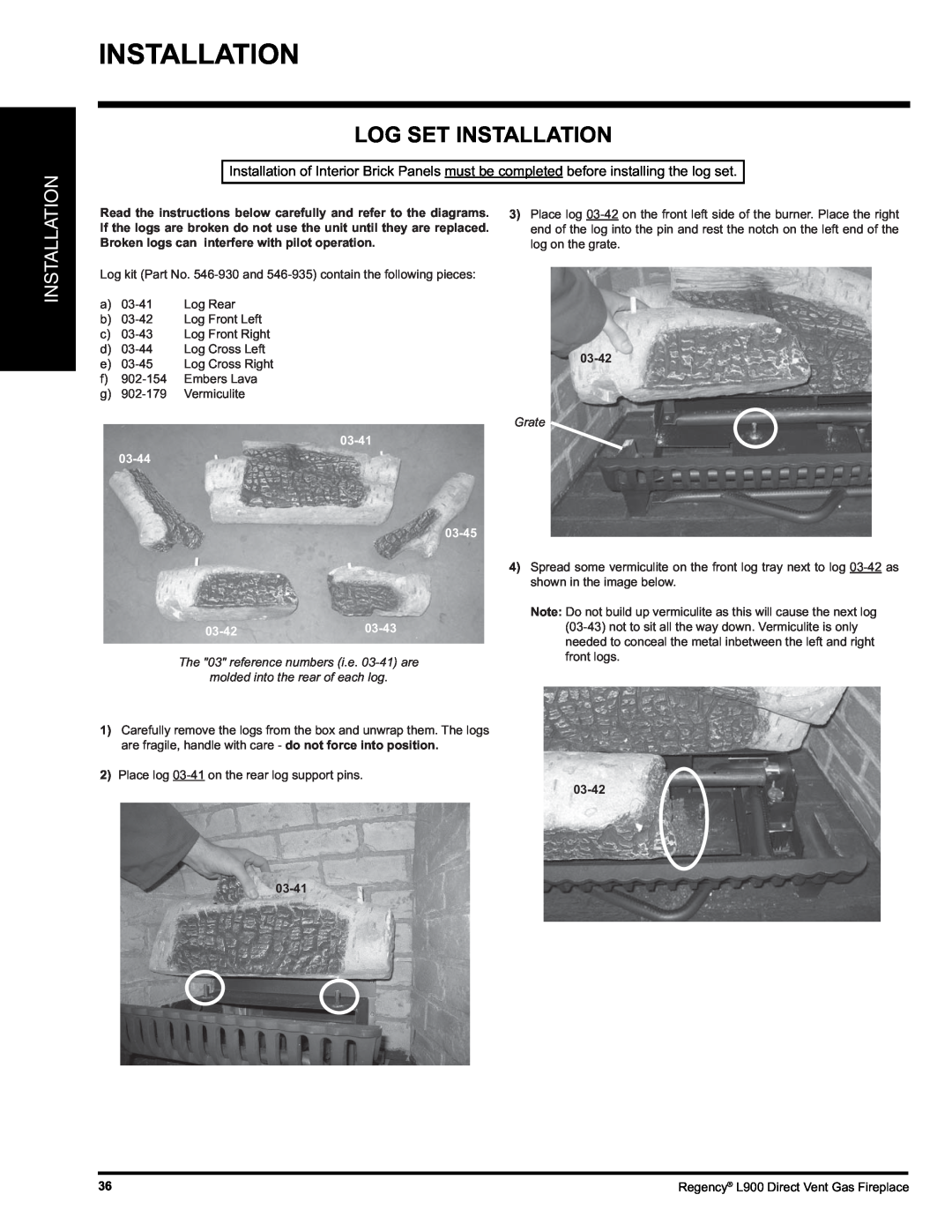 Regency L900-LP, L900-NG installation manual Log Set Installation, 03-42, 03-41 