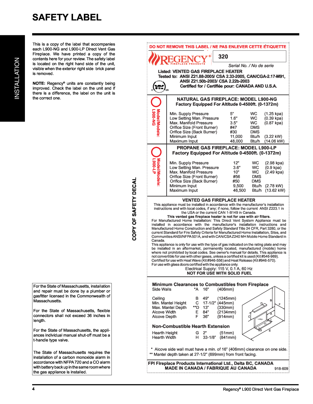 Regency Safety Label, Installation, NATURAL GAS FIREPLACE: MODEL L900-NG, PROPANE GAS FIREPLACE: MODEL L900-LP 