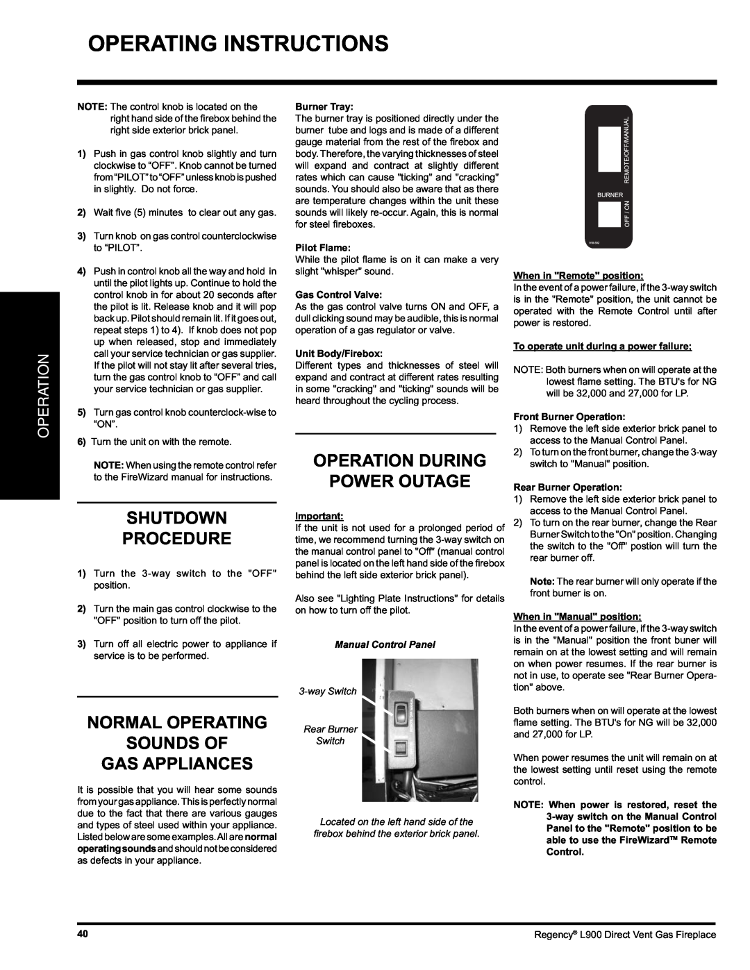 Regency L900-LP, L900-NG Operating Instructions, Shutdown Procedure, Normal Operating Sounds Of Gas Appliances, Operation 