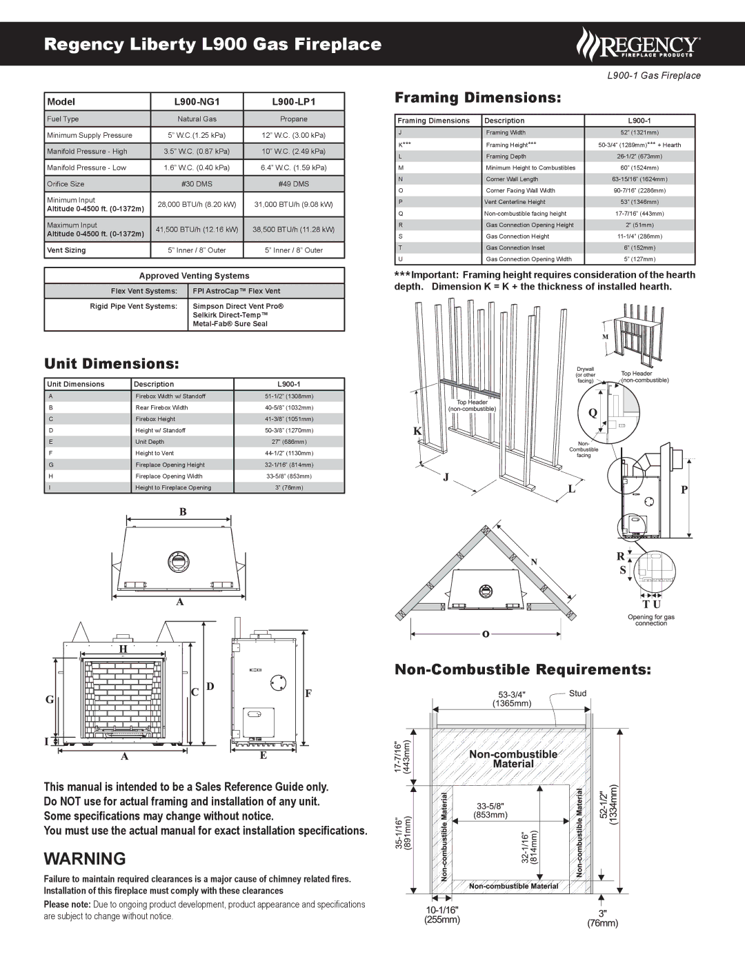 Regency dimensions Unit Dimensions, Framing Dimensions, Non-Combustible Requirements, Model L900-NG1 L900-LP1 