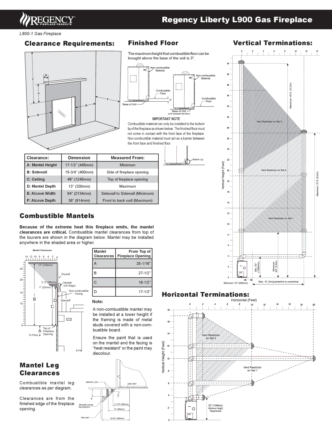 Regency L900-NG1 Clearance Requirements Finished Floor, Combustible Mantels, Mantel Leg Clearances, Vertical Terminations 