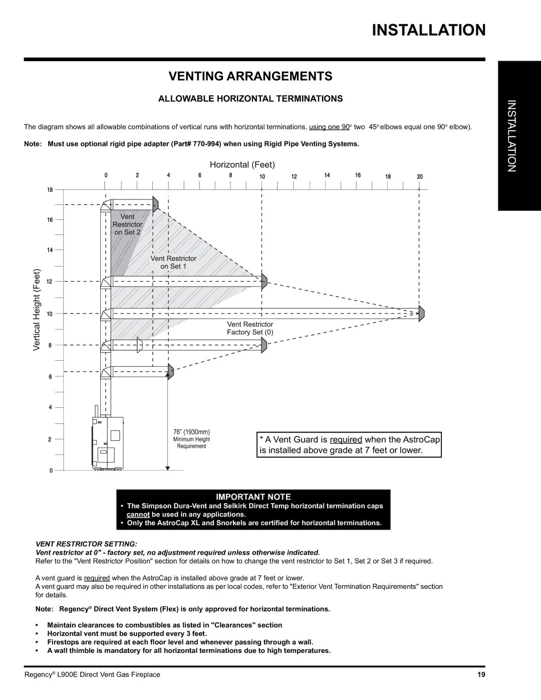 Regency L900E-NG installation manual Allowable Horizontal Terminations, Vent Restrictor Setting 