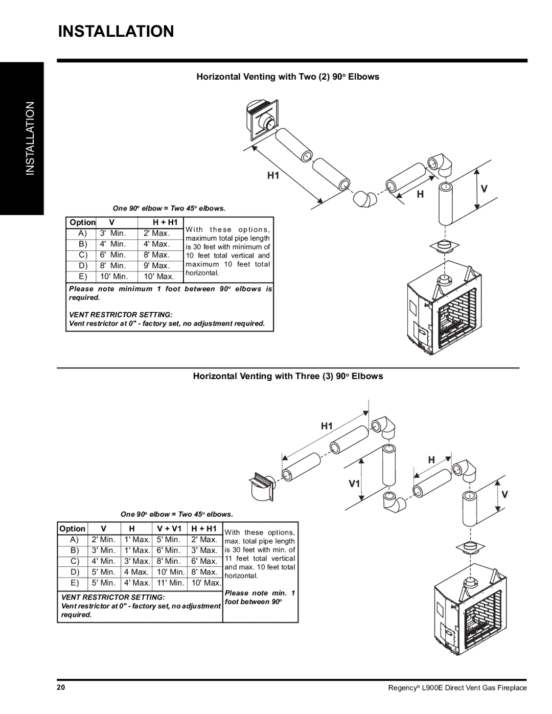 Regency L900E-NG installation manual Horizontal Venting with Two 2 90o Elbows 