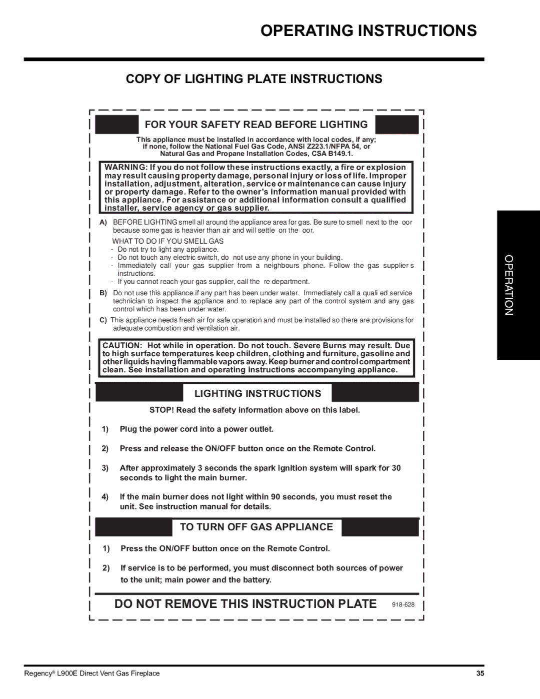 Regency L900E-NG installation manual Copy of Lighting Plate Instructions, For Your Safety Read Before Lighting 