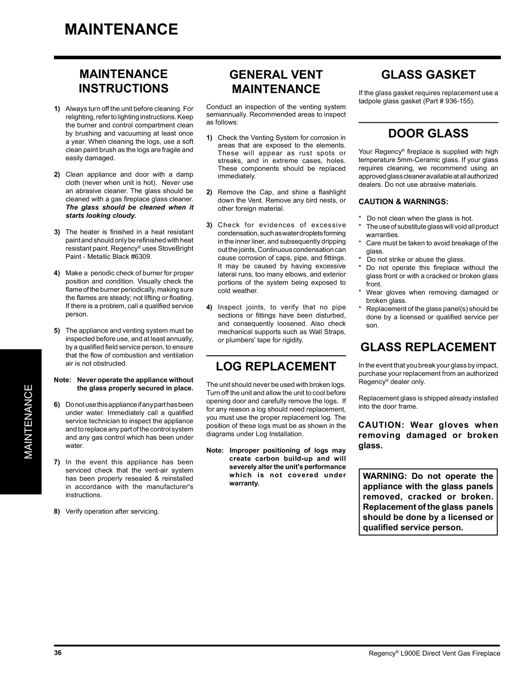 Regency L900E-NG installation manual Maintenance 