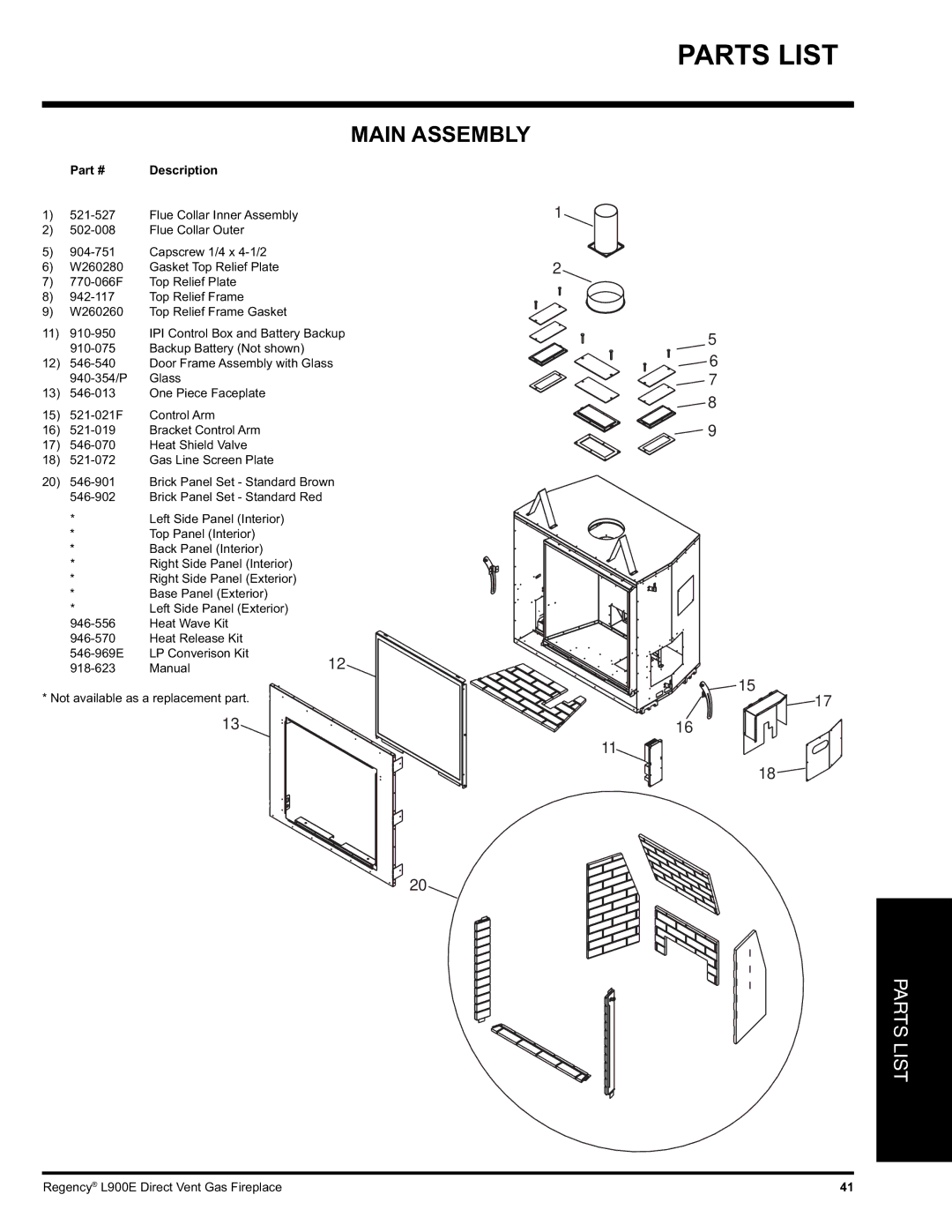 Regency L900E-NG installation manual Parts List, Main Assembly 