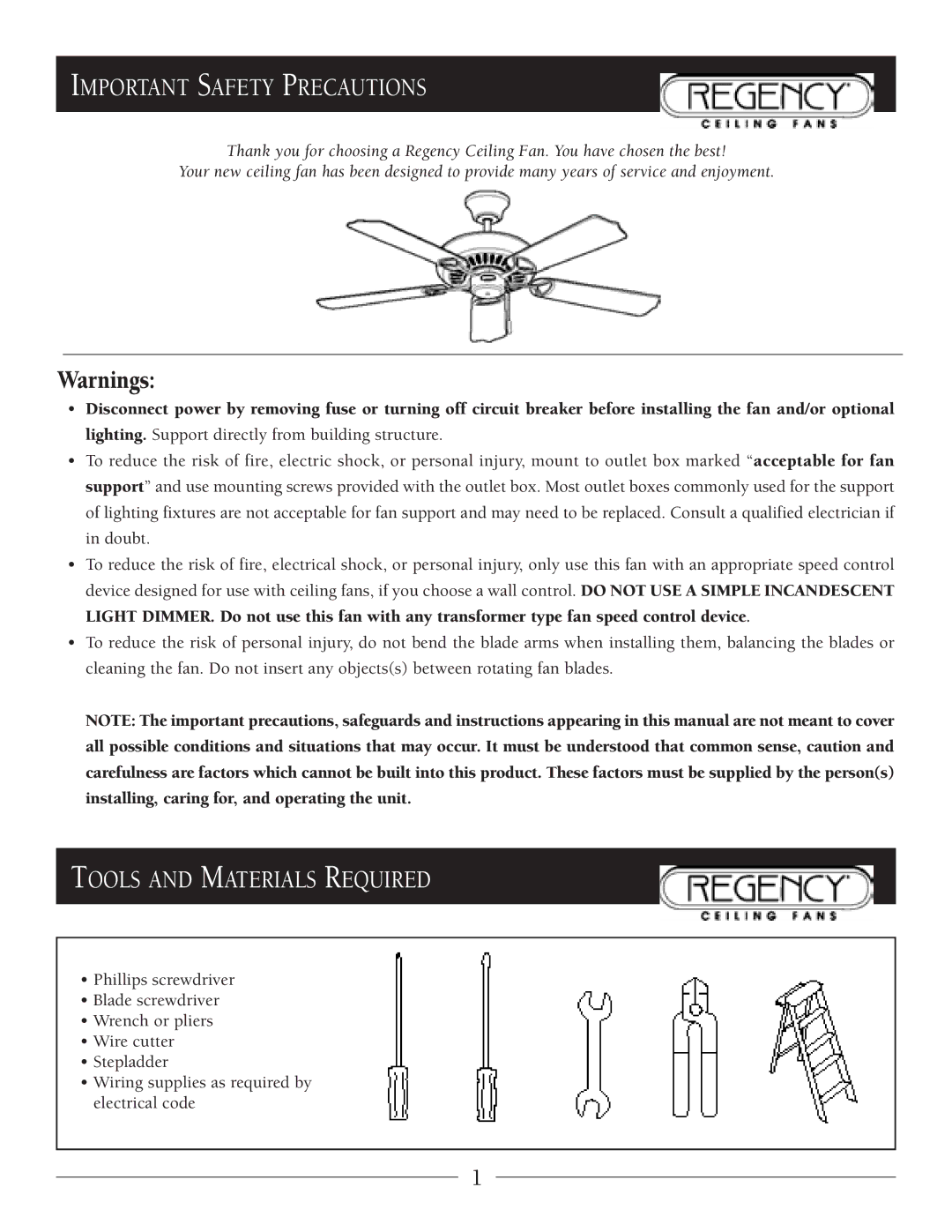 Regency MX Excel owner manual Important Safety Precautions, Tools and Materials Required 