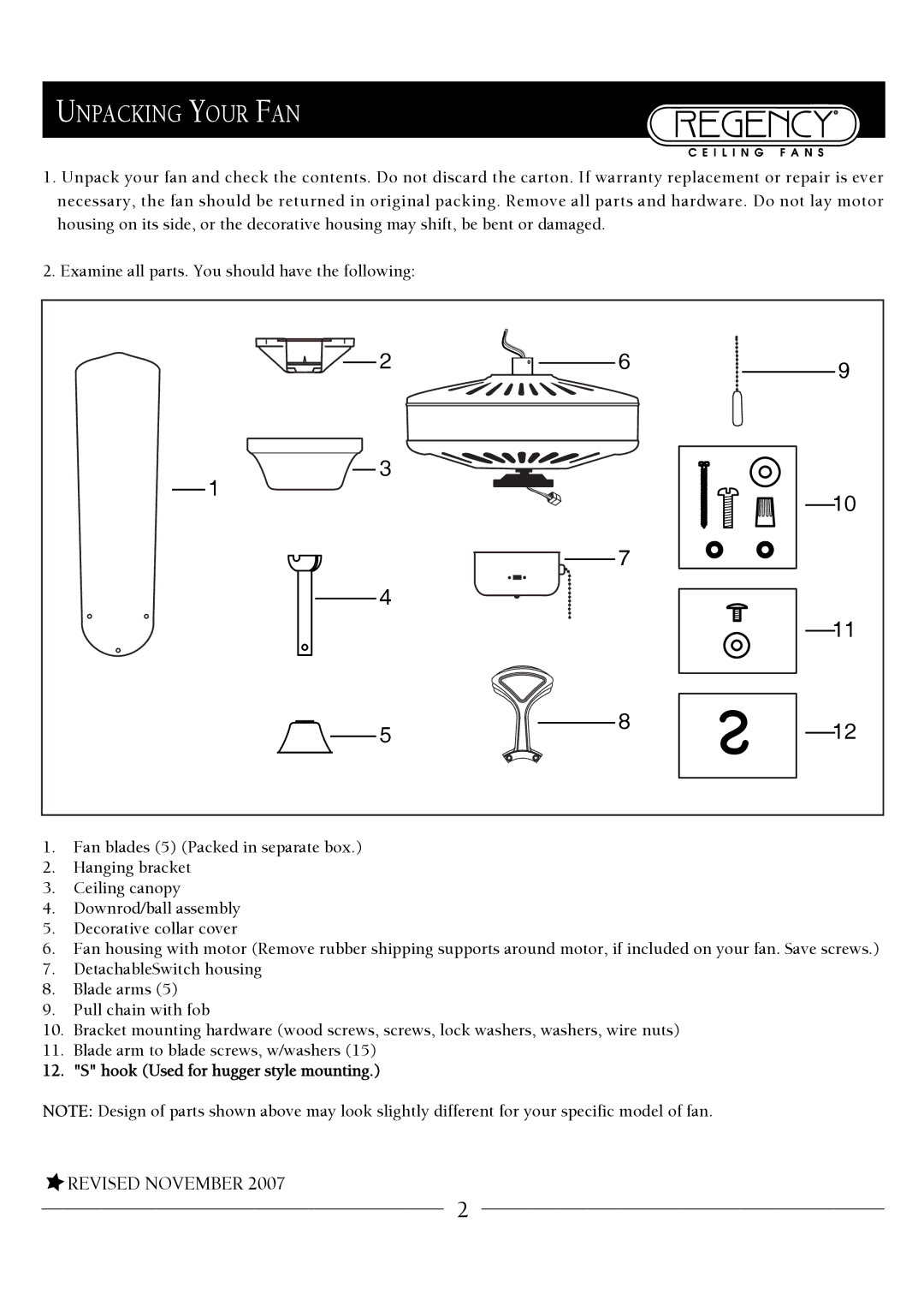 Regency MX Excel owner manual Unpacking Your FAN 