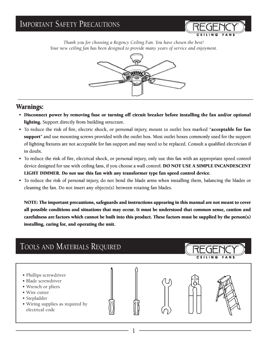 Regency MX Excel owner manual Important Safety Precautions, Tools And Materials Required, Warnings 