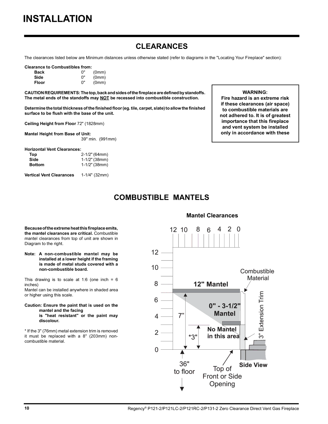 Regency P121LC, P121RC, P131 installation manual Clearances, Combustible Mantels 