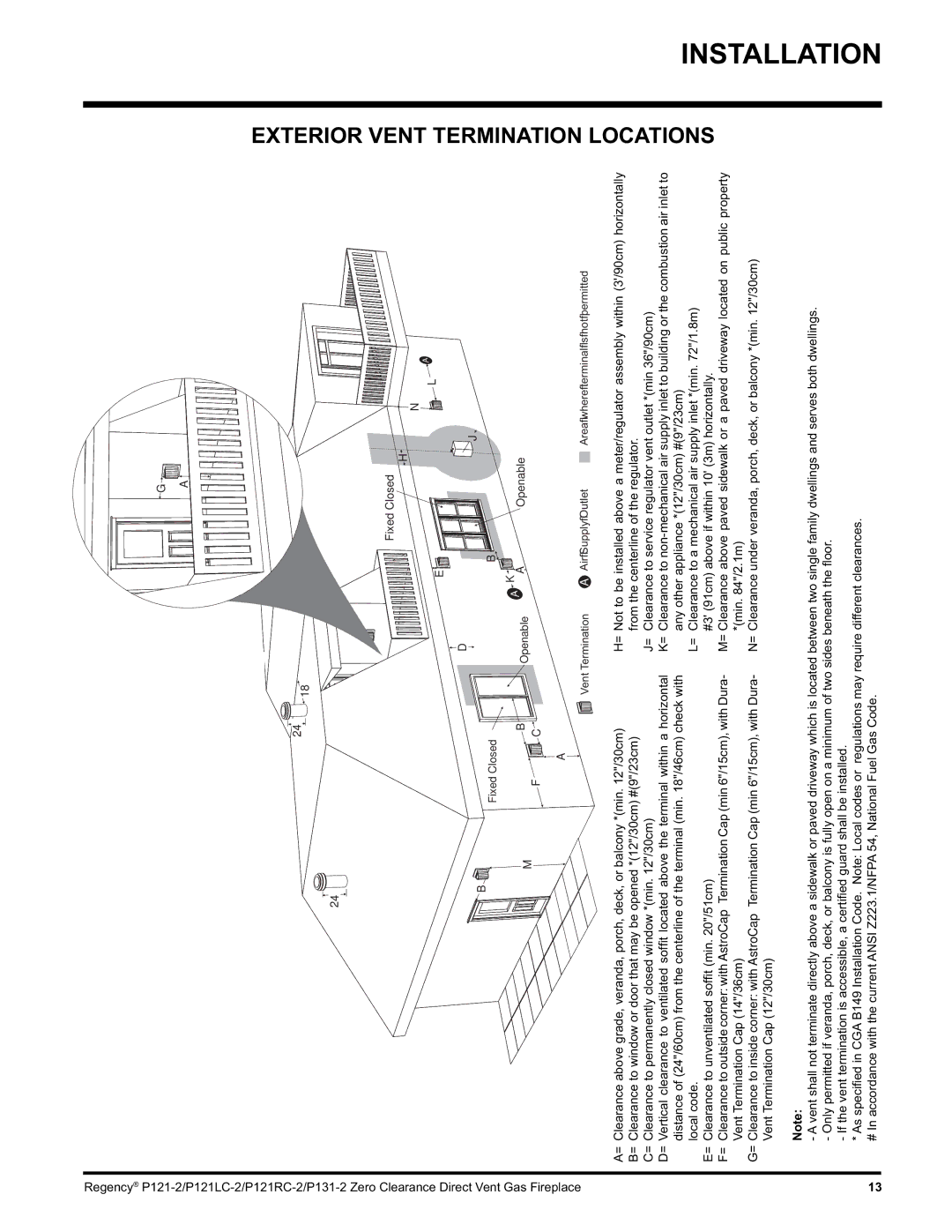 Regency P121RC, P121LC, P131 Exterior Vent Termination Locations, VentHeight Meters Minimum Feet RoofPitch 