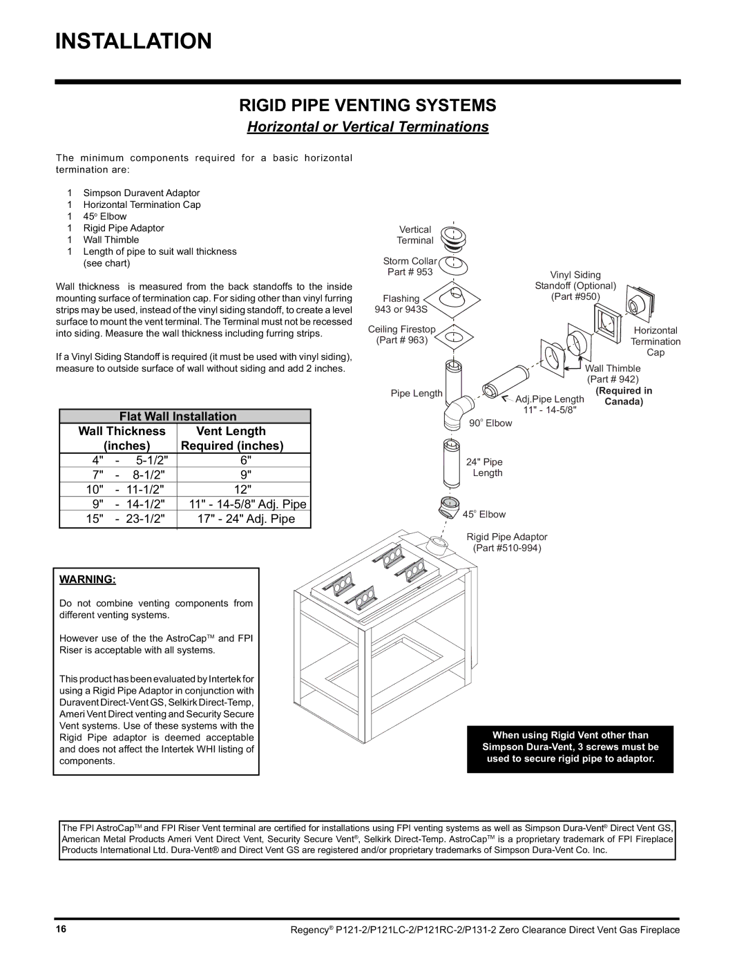 Regency P121RC, P121LC, P131 installation manual Rigid Pipe Venting Systems, Horizontal or Vertical Terminations 