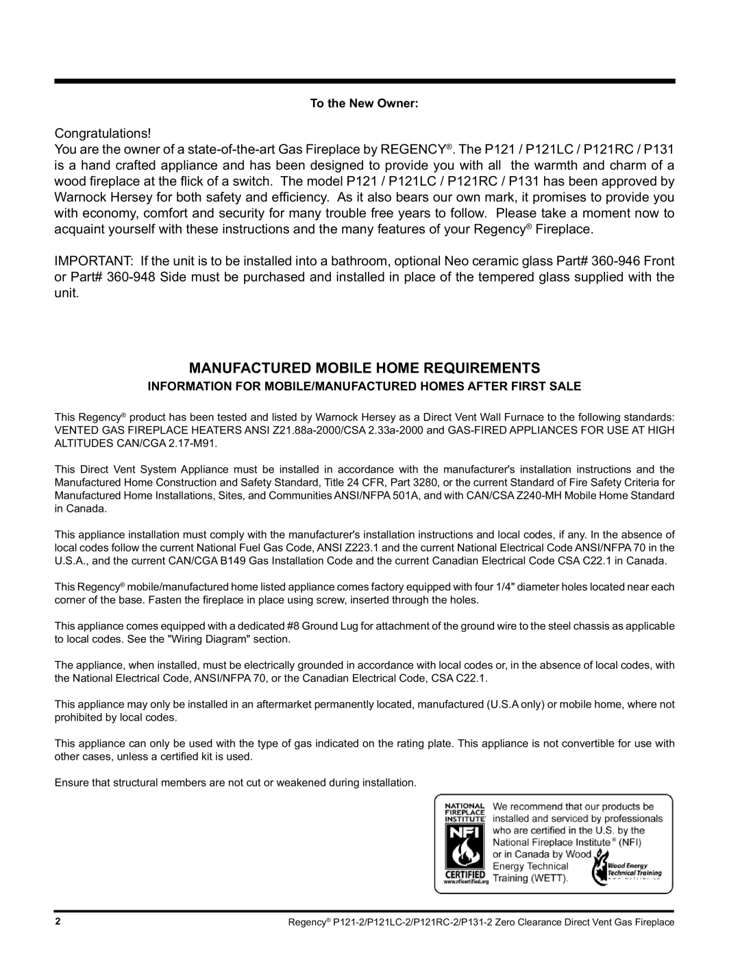 Regency P121LC, P121RC, P131 installation manual Manufactured Mobile Home Requirements, To the New Owner 