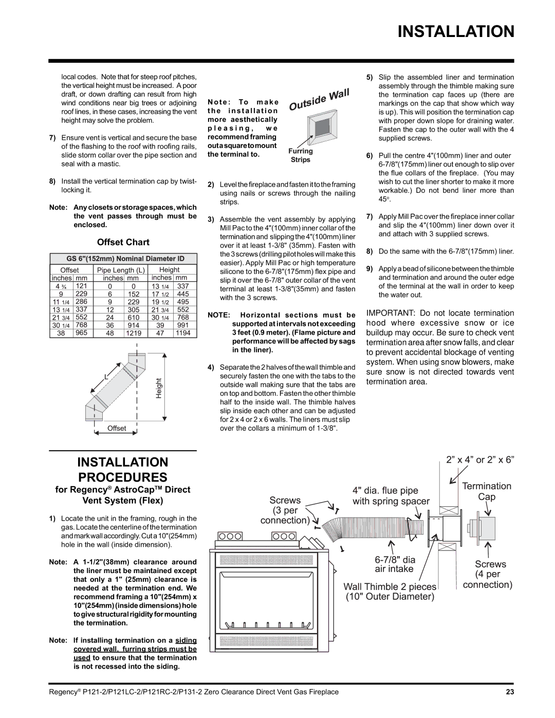 Regency P131, P121RC, P121LC Installation Procedures, Offset Chart, For Regency AstroCapTM Direct Vent System Flex 