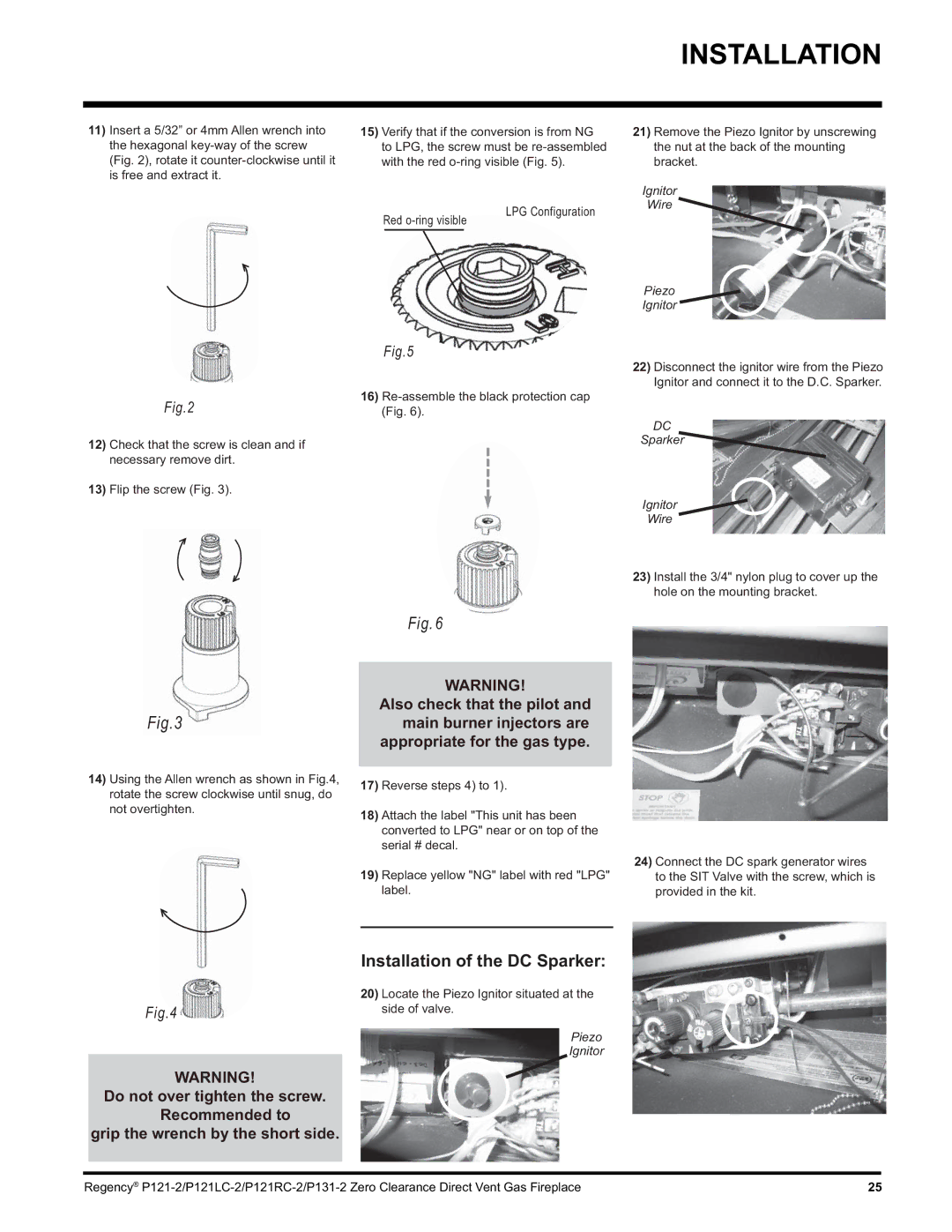 Regency P121RC, P121LC, P131 installation manual Installation of the DC Sparker 