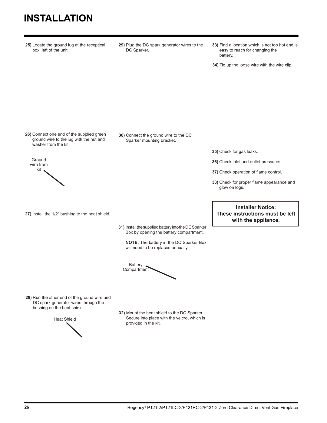 Regency P121LC, P121RC, P131 installation manual Ground Wire from Kit 
