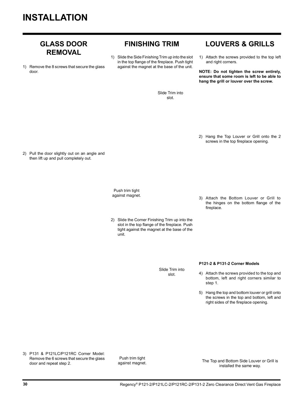 Regency P121LC, P121RC installation manual Finishing Trim, Louvers & Grills, P121-2 & P131-2 Corner Models 