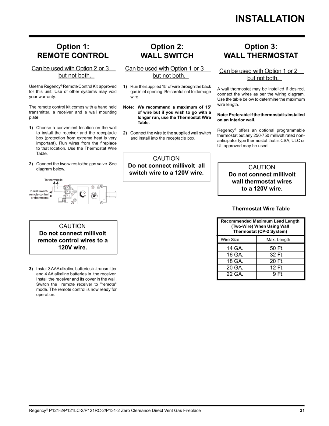 Regency P131, P121RC, P121LC installation manual Thermostat Wire Table, Diagram below 