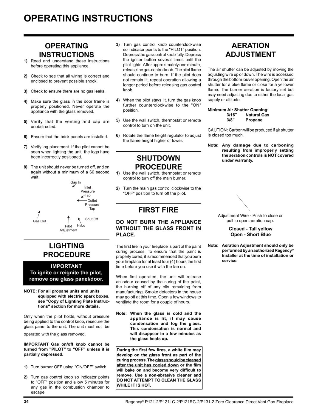 Regency P121LC, P121RC, P131 Operating Instructions, Shutdown Procedure, First Fire Aeration Adjustment, Lighting Procedure 