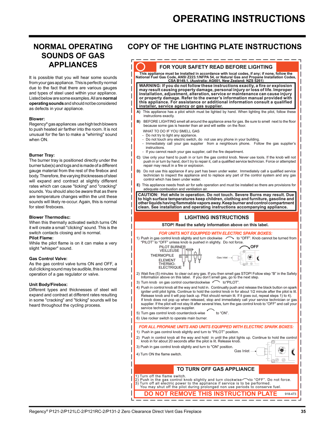 Regency P131, P121RC, P121LC Normal Operating Sounds of GAS Appliances, Copy of the Lighting Plate Instructions 