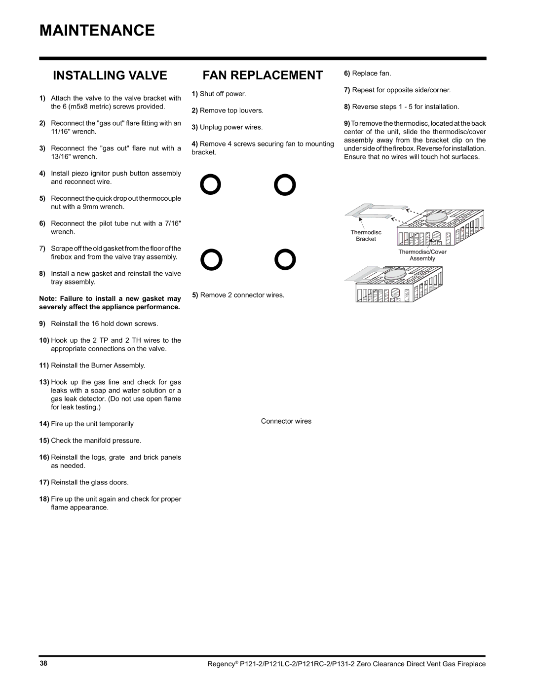 Regency P121LC, P121RC, P131 installation manual Installing Valve, FAN Replacement 